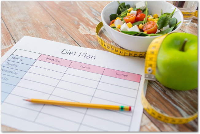 close up of diet plan and food on table